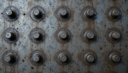 Close-up of a rusty metal panel with circular fixtures.