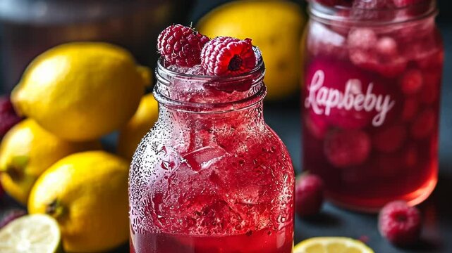 Refreshing raspberry lemonade in mason jars with lemons in the background