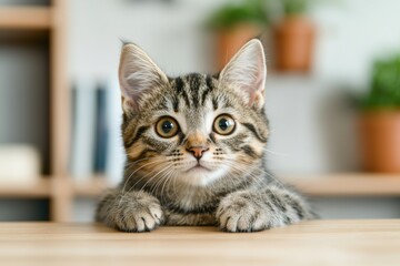 Cute tabby kitten resting on a wooden table with a background of potted plants, creating a peaceful and cozy home atmosphere