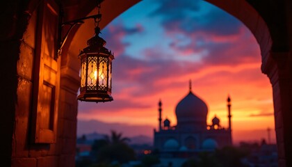 A captivating image of a decorative lantern casting a warm glow against a vibrant sunset backdrop