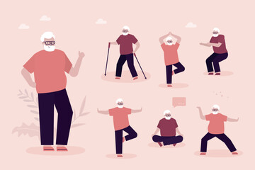 Aged male character practicing yoga, meditation and stretching. Set of multi ethnic elderly men active healthy lifestyle. Sports activities, happy retirement,