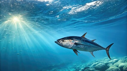 Obraz premium Bluefin tuna swimming near the surface of the ocean with sunlight filtering down, water, sea