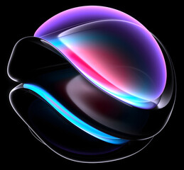 3d render abstract art of surreal 3d ball sphere in curved wavy round and spherical lines forms in transparent fluorescent plastic material with glowing blue neon color parts on black background © Philipp
