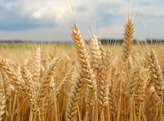 Fototapeta premium A picturesque golden wheat field sways gently beneath the warm summer sky, set in a tranquil rural area during the vibrant harvest season