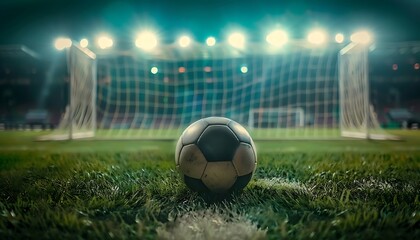 Soccer ball on the green field of stadium with bright spotlights