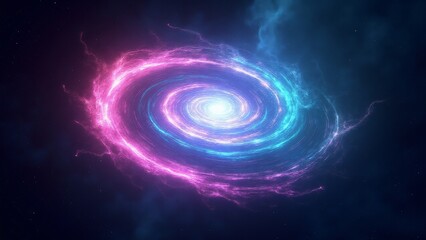 A vibrant electric whirlwind of energy spirals through a dark space, pulsating with neon pink, blue, and green tones.