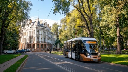 Fototapeta premium A contemporary tram glides smoothly down a picturesque tree-lined street, surrounded by stunning historic buildings in a lively urban environment