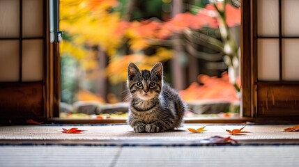 A charming Japanese cat lounging on the tatami 