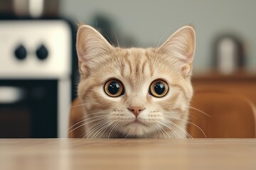 Adorable kitten peeking over a wooden table in a warm, cozy kitchen setting, creating a charming and relaxed atmosphere