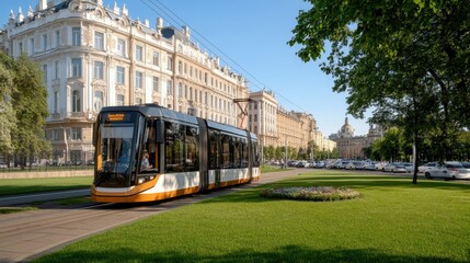 Naklejka premium A sleek modern tram glides through the city center, passing by beautifully maintained parks and sophisticated buildings under a bright, sunny sky