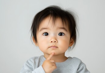 Pensive Toddler Girl in Grey Sweater Studio Portrait