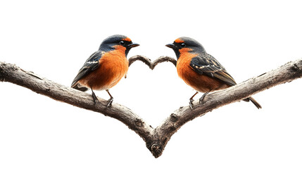 Fototapeta premium Valentine's Day card with two birds sitting on a branch forming a heart shape isolated on white background in HD