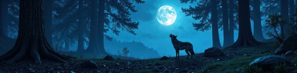 Moonlit forest with howling wolf in distance, night, moonlight