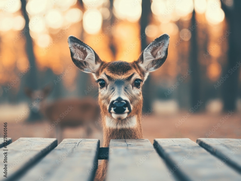 Poster deer peers over a wooden table in a serene forest clearing with warm, earthy tones and soft early mo
