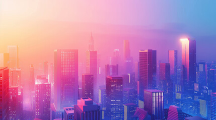 Fototapeta premium A futuristic cityscape at night, with tall buildings illuminated by neon lights and a hazy atmosphere.