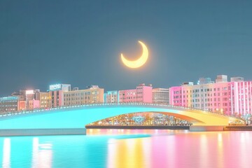 Naklejka premium A vibrant cityscape illuminated by colorful lights and a crescent moon.