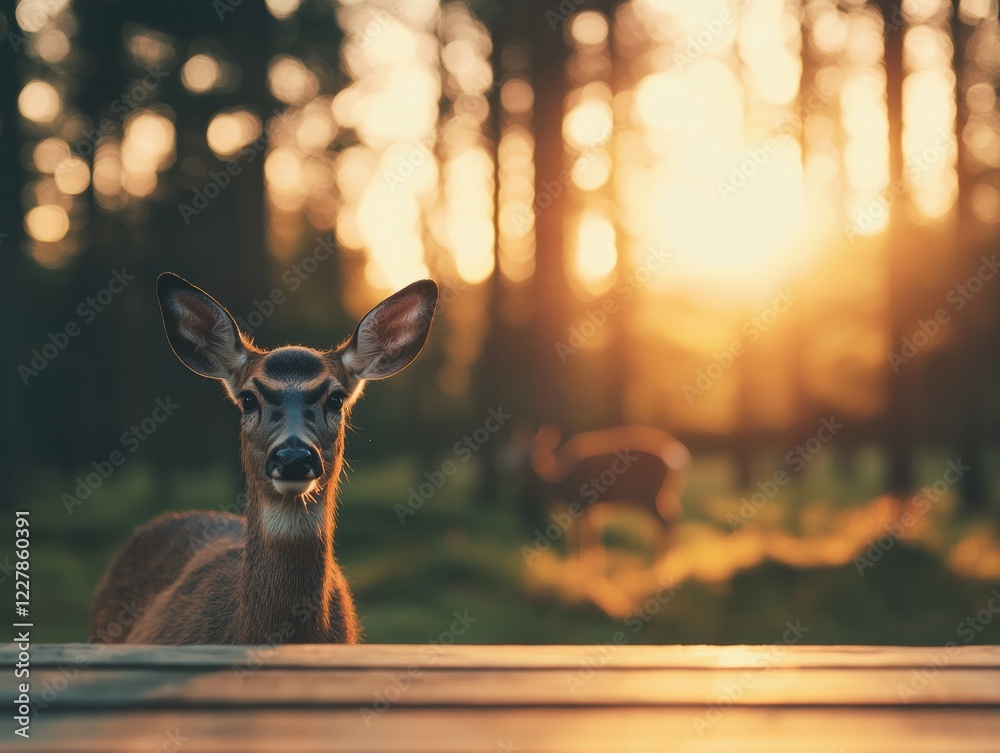Aufkleber curious deer looking at wooden table in forest clearing during golden hour, with another deer blurre