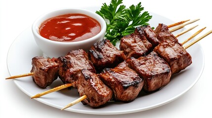 Grilled meat skewers served with spicy sauce and fresh herbs during a family barbecue in an outdoor setting at sunset