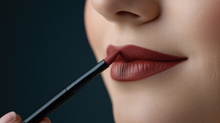 Makeup artist applies rich burgundy lip liner on model's lips in an elegant indoor setting during a beauty session