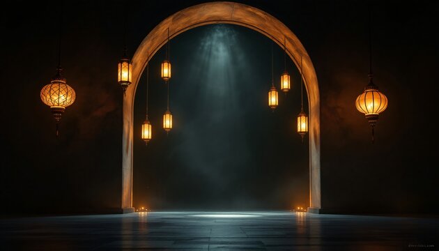 A dramatic, dark, and elegant archway is highlighted by warm-toned hanging lanterns casting a soft glow