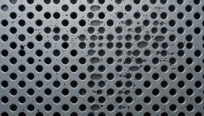 Close-up of a perforated metal surface with water droplets.