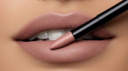 Close-up view of lips with a nude lip liner being applied in a well-lit setting showcasing beauty and makeup techniques