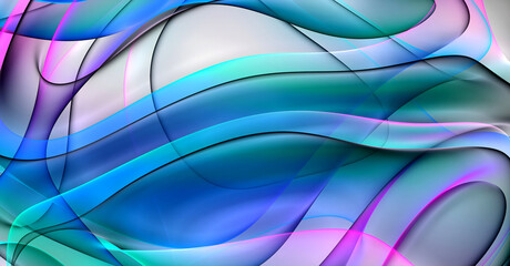3d render of abstract art surreal 3d background video animation with curved wavy liens forms plastic objects in neon glowing azure blue pink purple mix gradient color on gray