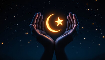 A captivating image of two hands cradling a luminous crescent moon and star, symbolic of Islam