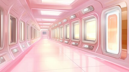 Obraz premium Long pink corridor with white floor, exploring the architectural design of modern interior spaces