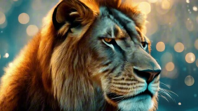 Majestic lion basks in warm sunlight, eyes closed, with golden dust particles shimmering in background