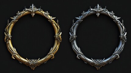 Circle game rank frames set isolated on background. Vector cartoon illustration of medieval round avatar borders made of wood, silver, gold, decorated with ribbon and sparkles, achievement award