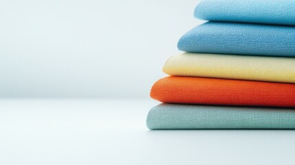 close-up photo of stack of eco-friendly colorful fabric swatches arranged neatly on clean white desk under natural