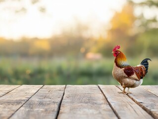 Fototapeta premium Rustic wooden table in an open field with a vibrant rooster crowing in the distance, capturing the warmth and tranquility of rural life