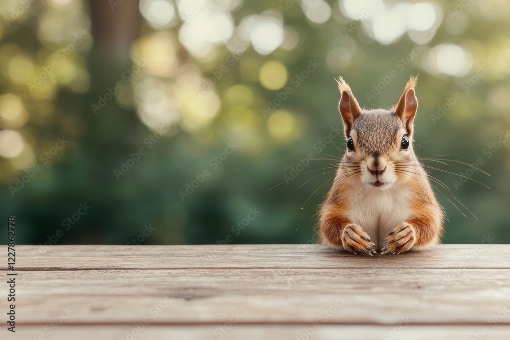 Poster Squirrel stands on a wooden table in a serene forest setting, with soft sunlight filtering through the trees, creating a calm and earthy atmosphere