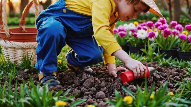 little boy planting flowers in a garden as part of an Easter tradition