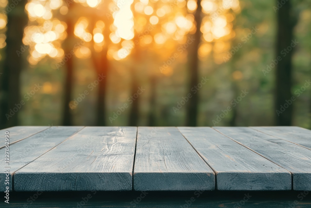 Poster rustic wooden table in a tranquil forest with soft sunlight filtering through trees, creating a peac