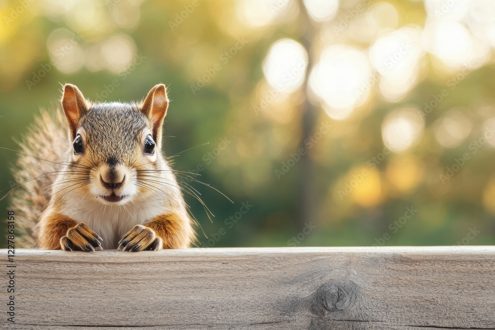 Poster Squirrel peeks over a wooden table in a serene forest setting. Soft sunlight filters through the trees, creating a calm and natural atmosphere