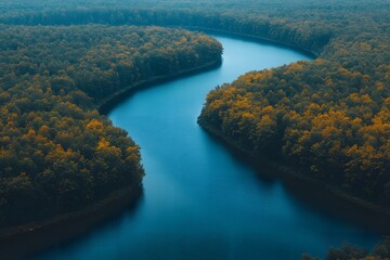 Obraz premium Serene River Bend in Autumn Forest for Nature and Landscape Design