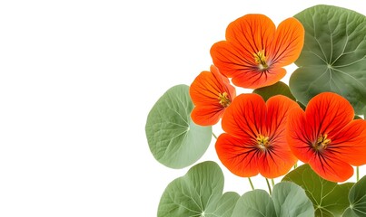 Orange nasturtiums, leaves, white background, floral design, card