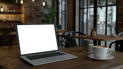 Fototapeta premium Cozy workspace in a cafe with a laptop and a cup of coffee on a wooden table, inviting for productivity and relaxation
