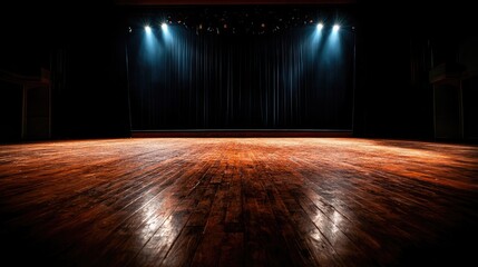Empty Stage with Dramatic Lighting and Wooden Floor in Theater