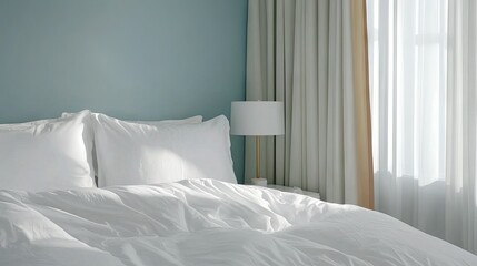 Cozy bedroom featuring a neatly made bed, soft white linens, and natural light streaming through sheer curtains in a peaceful, serene setting