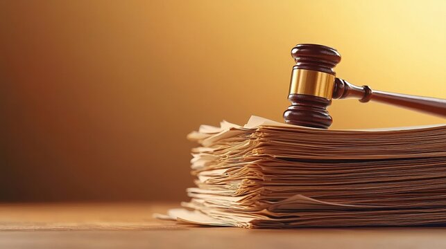 Justice served a court hammer on legal papers symbolizing accountability and ethical judgment