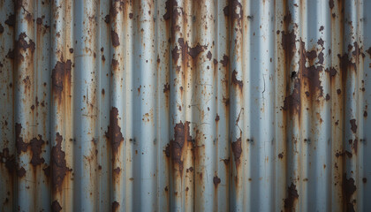 Rusty corrugated metal wall with peeling paint and texture.