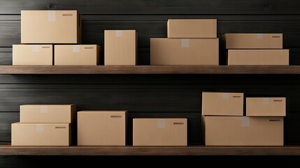 Shelves filled with neatly stacked cardboard boxes in a dark wooden setting offers an organized storage display in a minimalist environment