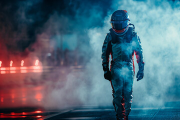 Fototapeta premium Professional racing team lineup in helmets and gear, showcasing unity and determination in motorsport, generative AI