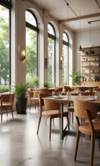 Fototapeta premium Bright and airy restaurant with a focus on natural light and modern furniture, plenty of space to move around, bright colors, sleek lighting