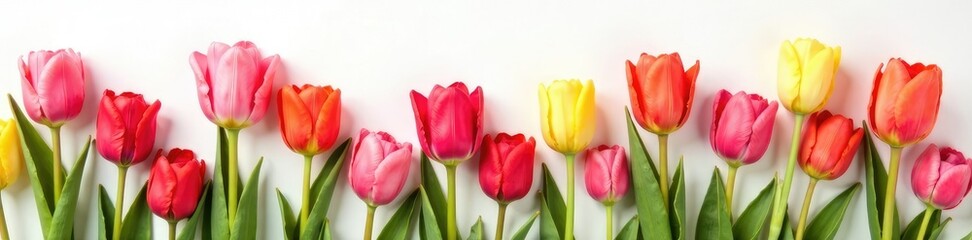Obraz premium Bright colors of tulips and roses against a soft white background, flowers, motherday