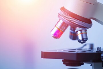 close-up photo of microscope focusing on colorful infectious disease slide under soft light in clean lab