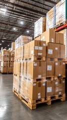 During daylight operations, the warehouse is filled with pallets that are skillfully stacked high with various cardboard boxes